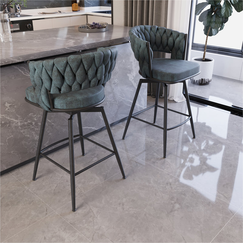 Bar Chair Suede Woven Bar Stool Set Of 4 Black Legs Barstools No Adjustable Kitchen Island Chairs 360 Swivel Bar Stools Upholstered Bar Chair Counter